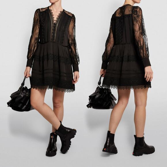 Self-Portrait Black Crochet-Trimmed Crepe De Chine And Lace Mini Dress - Picture 2 of 9